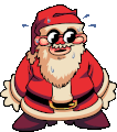 Mall Santa's idle animation. He is depicted with a nervous look on his face due to being held at gunpoint.